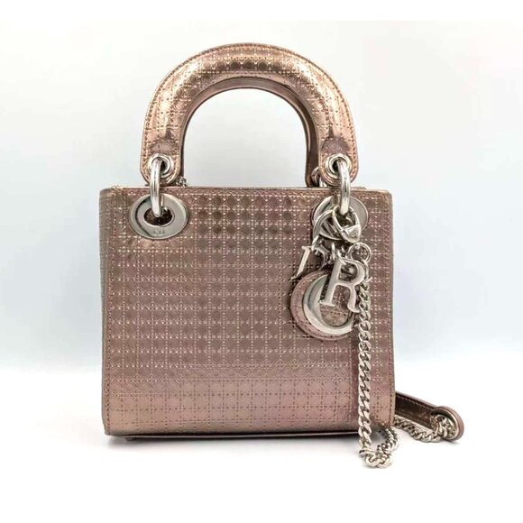 Pre-owned Christian Dior Metallic Patent Micro-Cannage Mini Lady Dior Hyper Pink - Picture 1 of 14